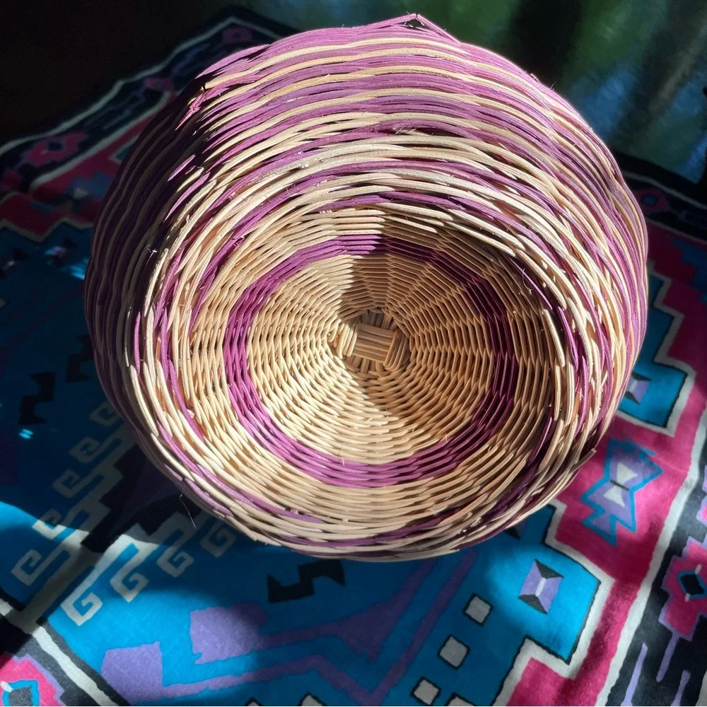 Vintage Hand Woven Round Reed Basket. Purple and Natural Color Striped. 9